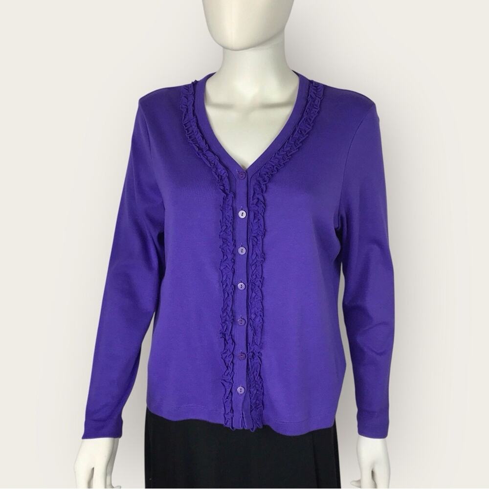 Purple V-Neck Cardigan Button Up with Ruffle Trim 100% Cotton 2 A Tee